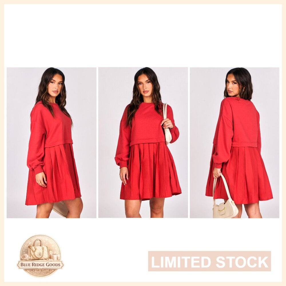 Oversized Sweatshirt Dress Long Sleeve Pleated Patchwork Mini Casual Pullover - Picture 7 of 7